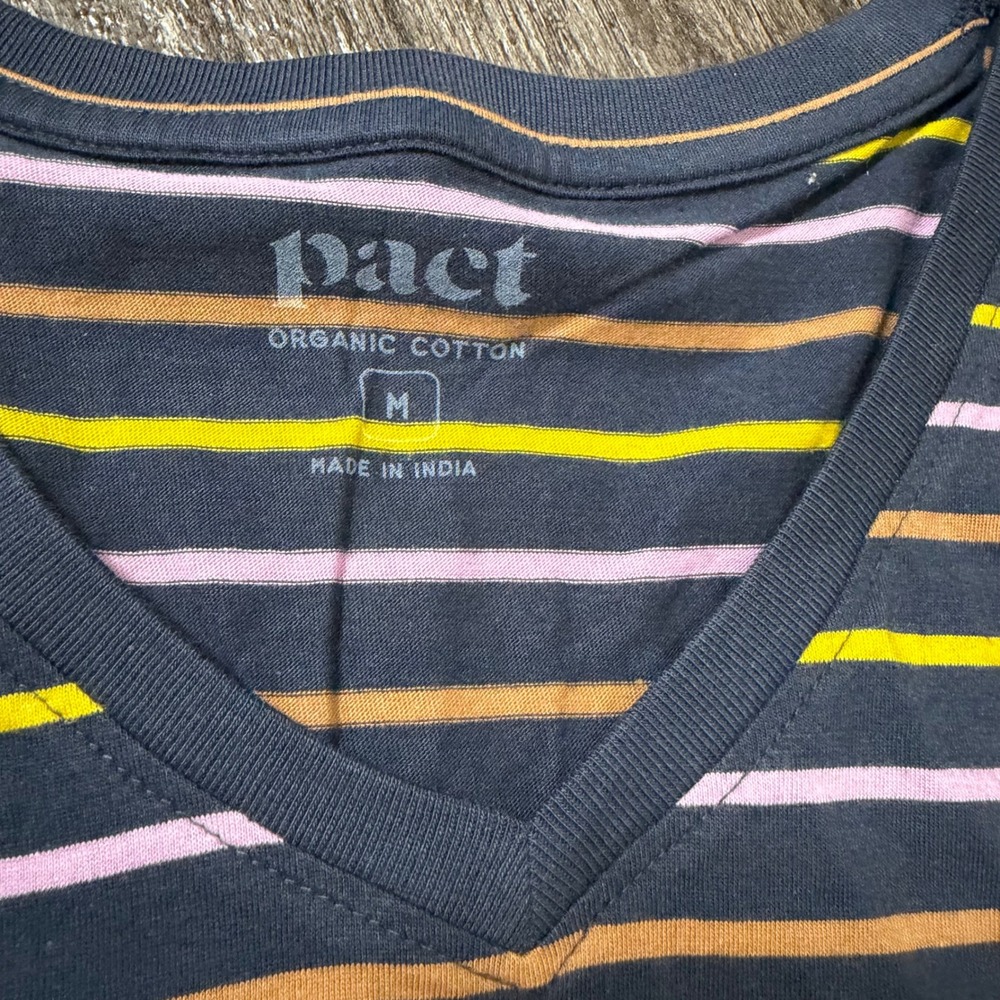 Pact T-Shirt Womens Medium Navy Blue Multi-Color Striped Organic Cotton V-Neck - Picture 3 of 4